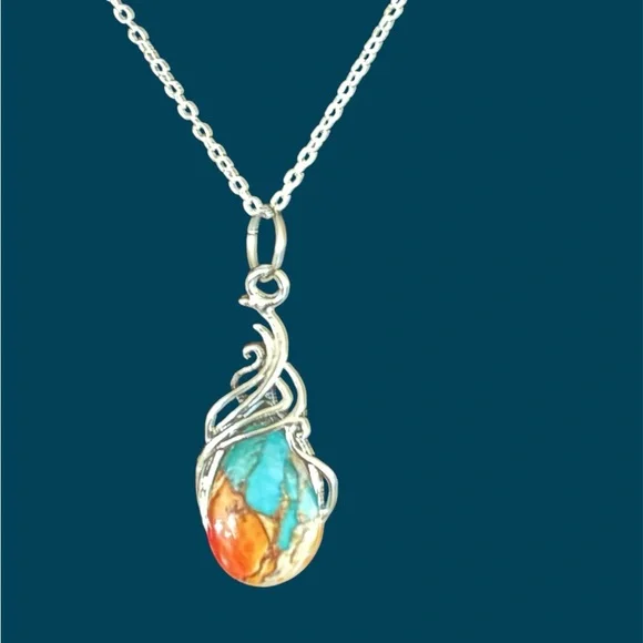 💥2/$24 or 3/$30💥 Silver Necklace with Turquoise and Orange Mosiac Stone. NWT - Picture 3 of 7